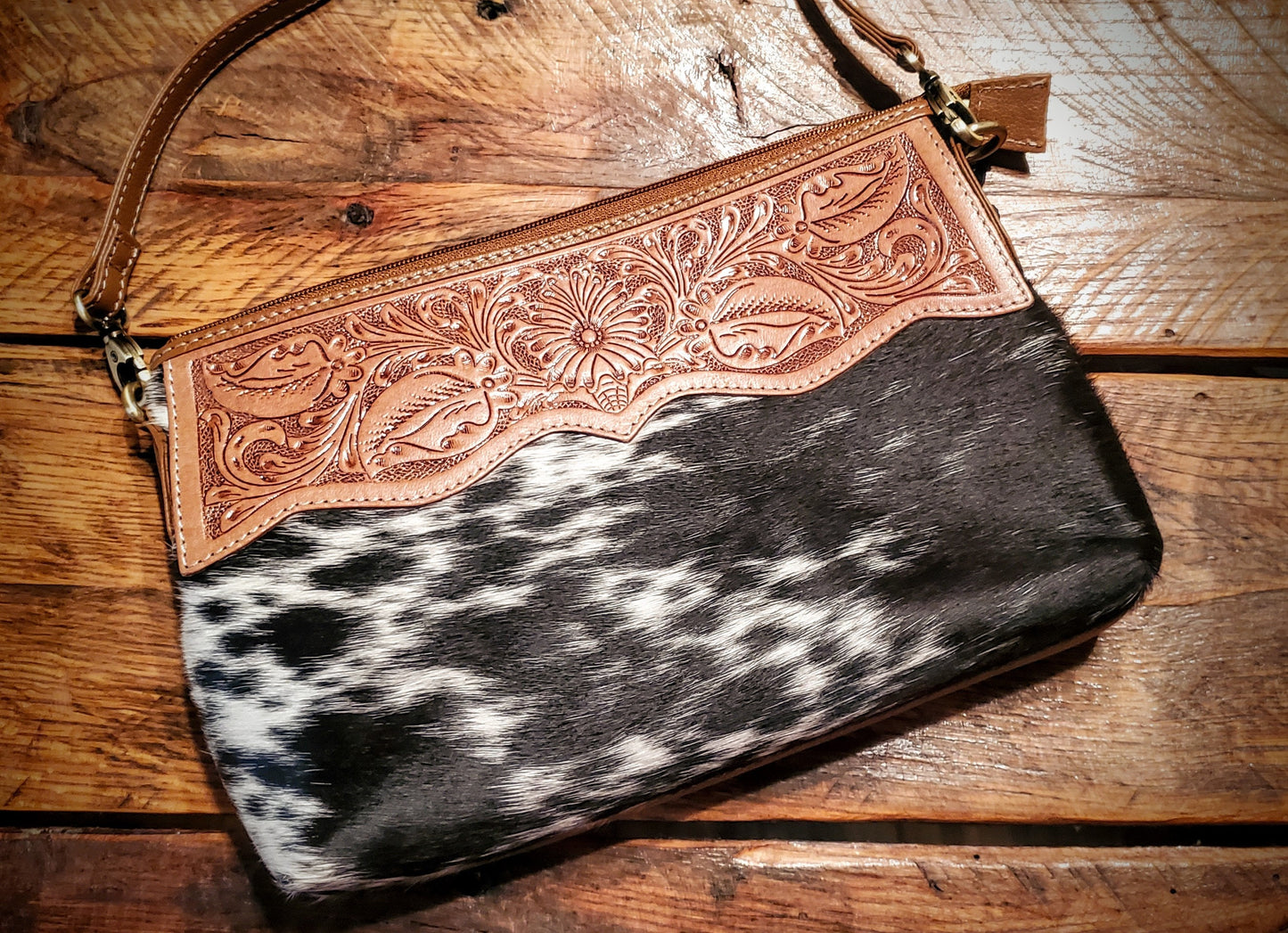 Genuine Western Tooled Leather & Cowhide Crossbody Purse