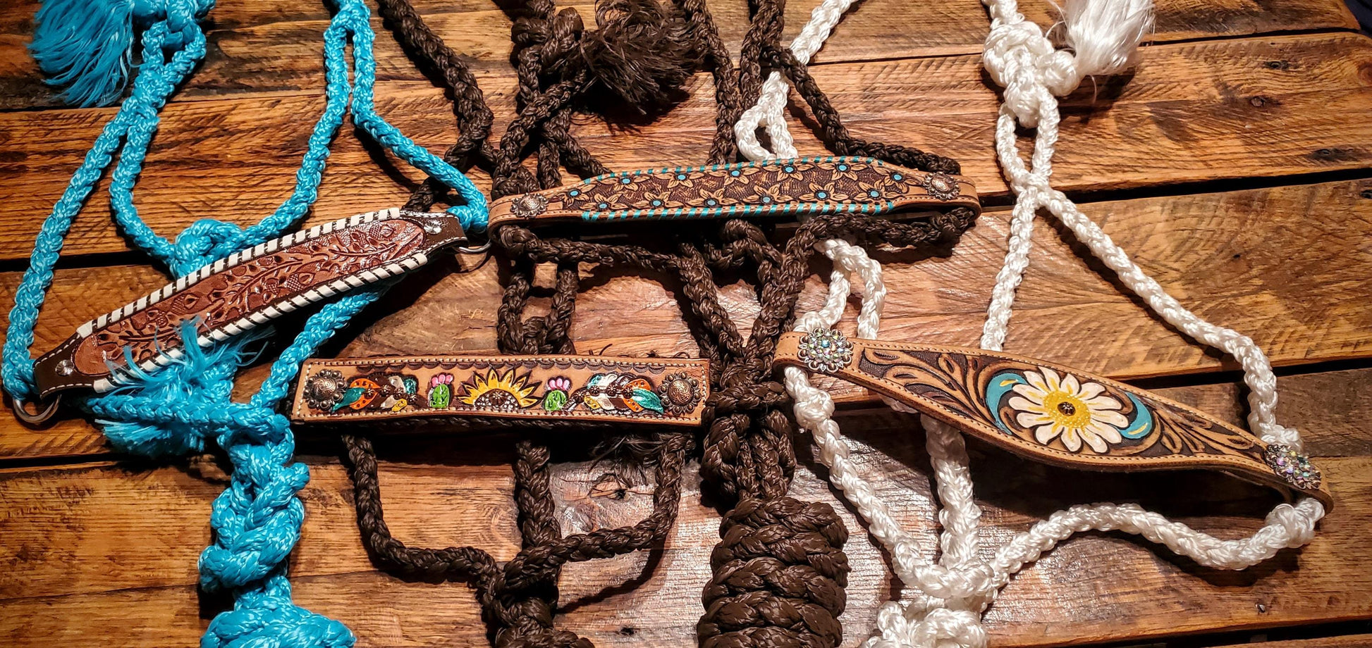 Hand Tooled Leather Horse Muletape Halters - Includes matching braided mule tape lead rope!