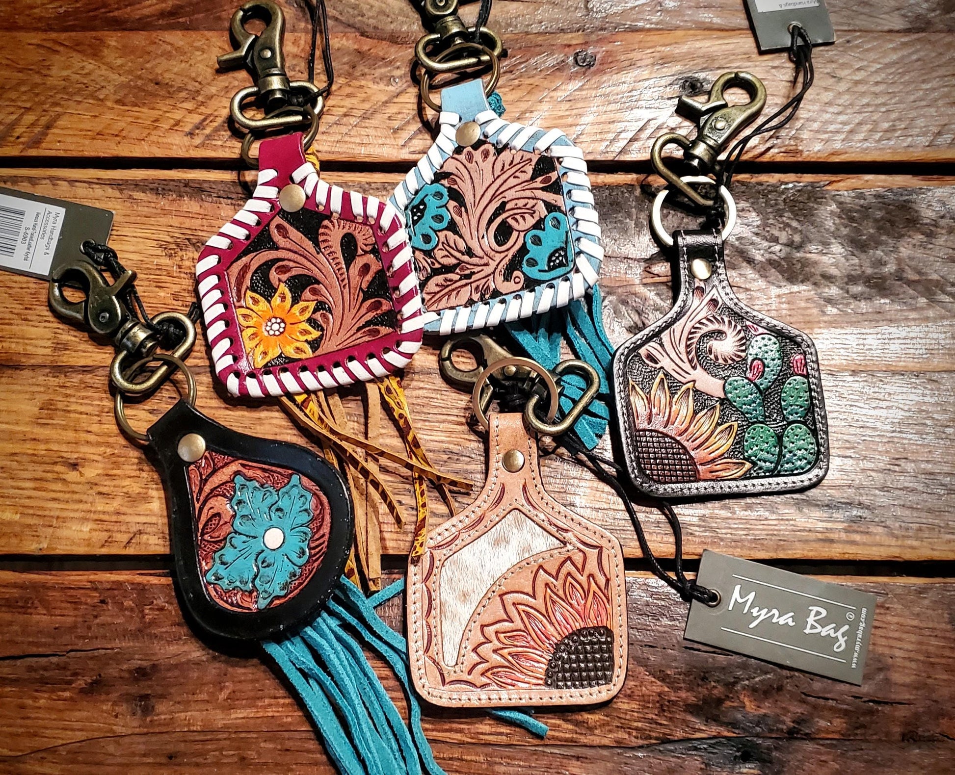 Tooled Leather Cowhide Tag Key Chains / Bag Charms - Great Cheap Gifts & Stocking Stuffers!