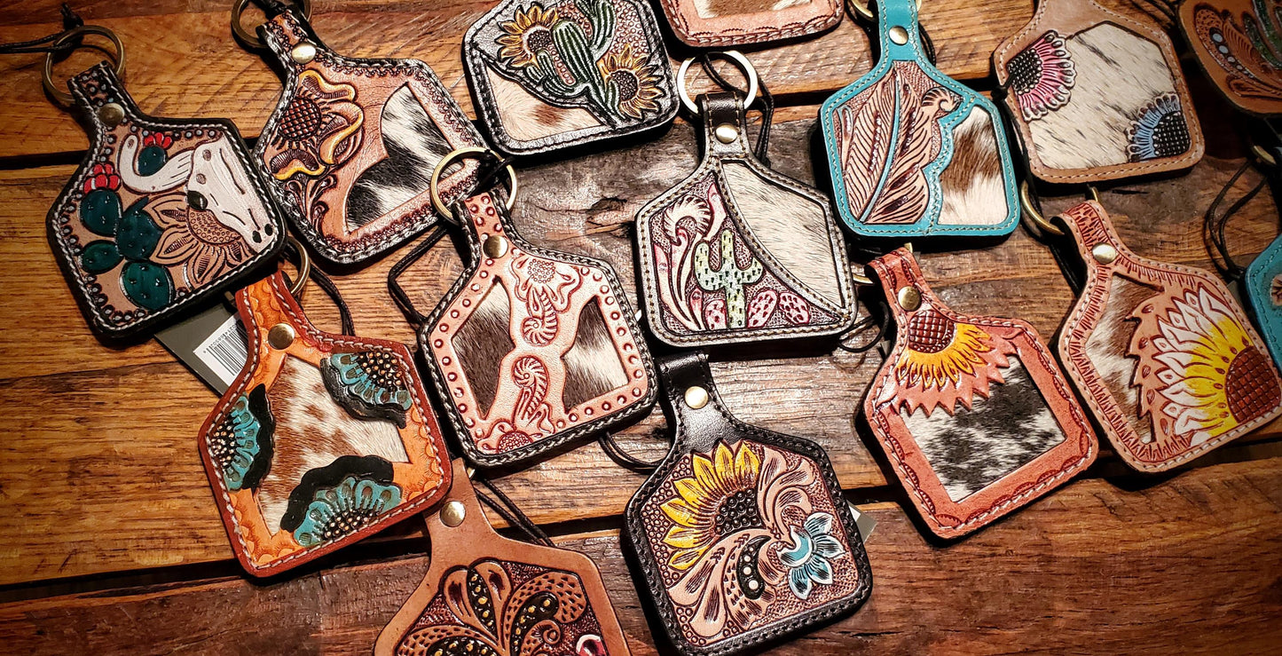 Tooled Leather Cow Tag Key Chains / Bag Charms - Great Cheap Gifts & Stocking Stuffers!