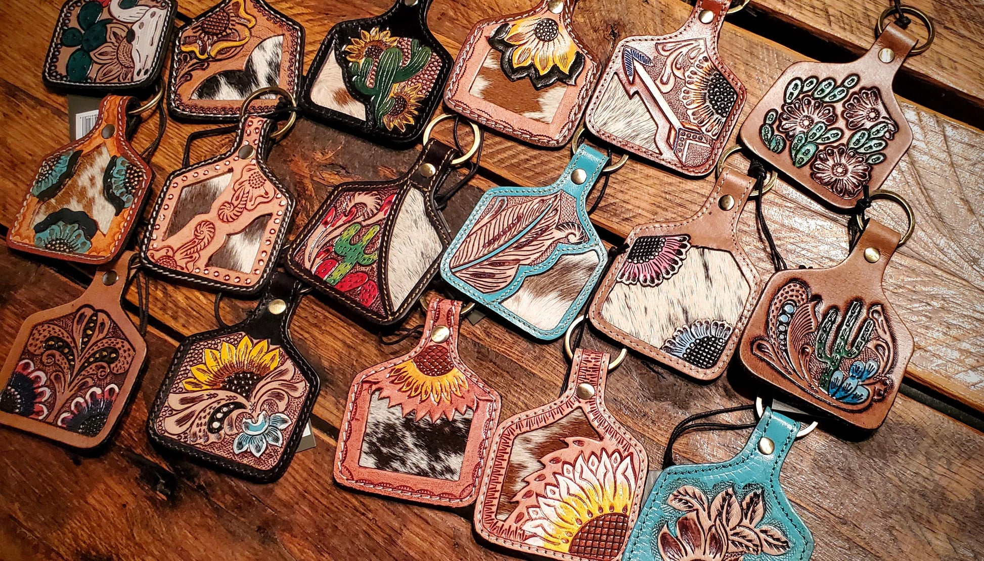 Tooled Leather Cow Tag Key Chains / Bag Charms - Great Cheap Gifts & Stocking Stuffers!