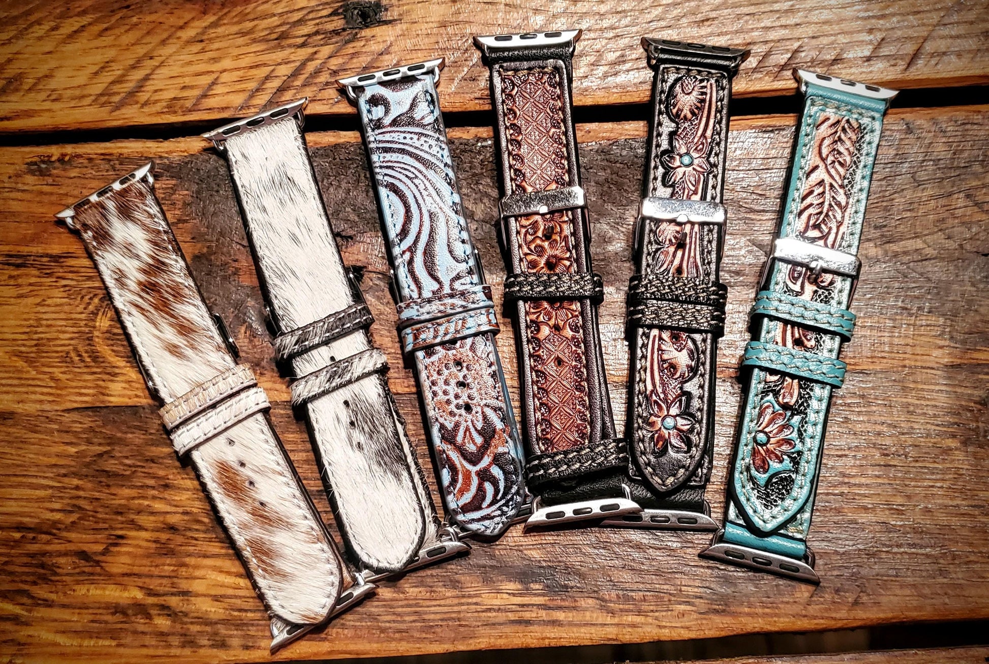 Cowhide & Tooled Leather Western Watch Bands - Great Gifts and Stocking Stuffers!