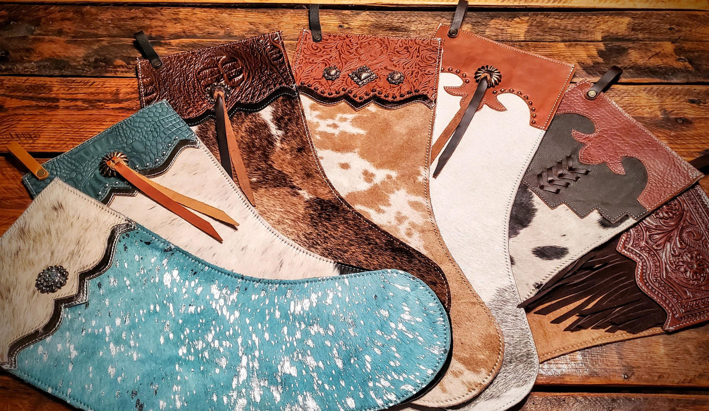 Genuine Tooled Leather Cowhide Christmas Stockings