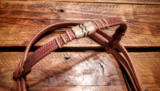 Genuine Harness Leather & Rawhide Browband Headstall with Quick Change Bit Ends