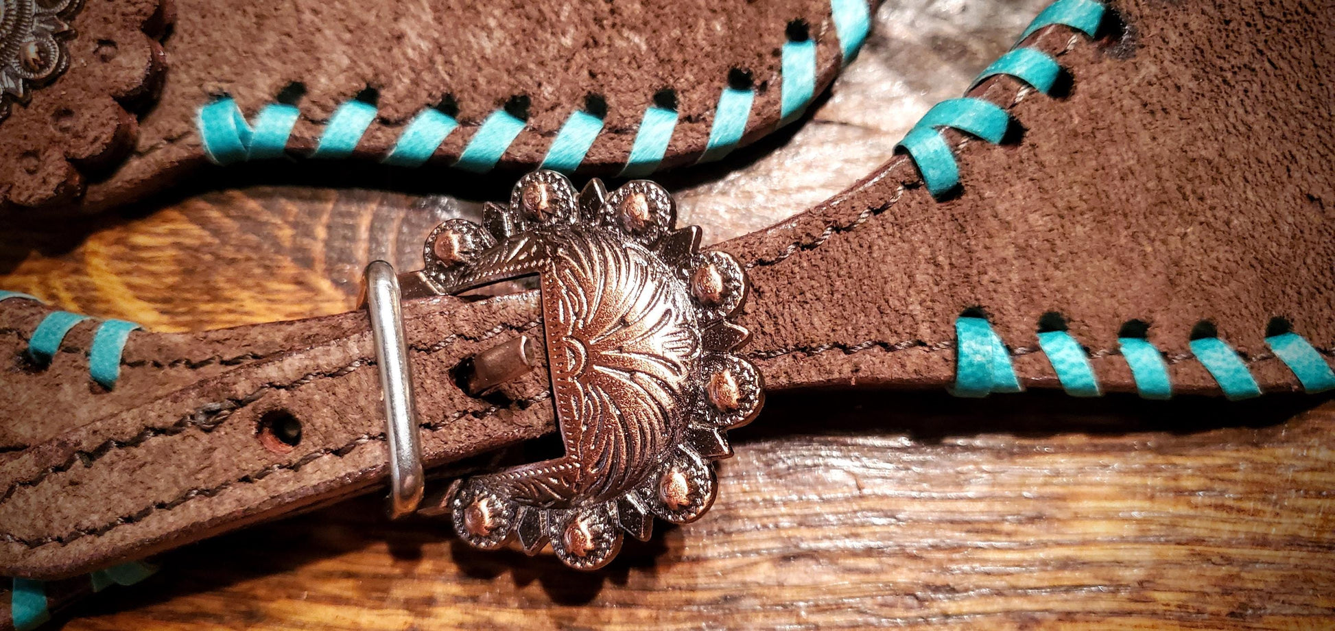 Chocolate Roughout Leather Spur Straps with Turquoise Whip Stitch Lacing and Engraved Copper Buckles & Conchos