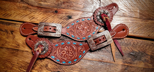 Vintage Floral Tooled Leather Spur Straps with Engraved Buckles & Slotted Conchos with Laces