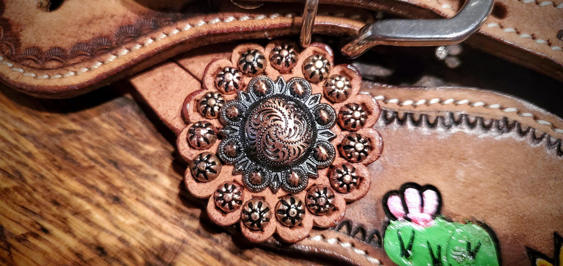 Hand Tooled & Painted Sunflower Cactus Spur Straps with Conchos and Studs