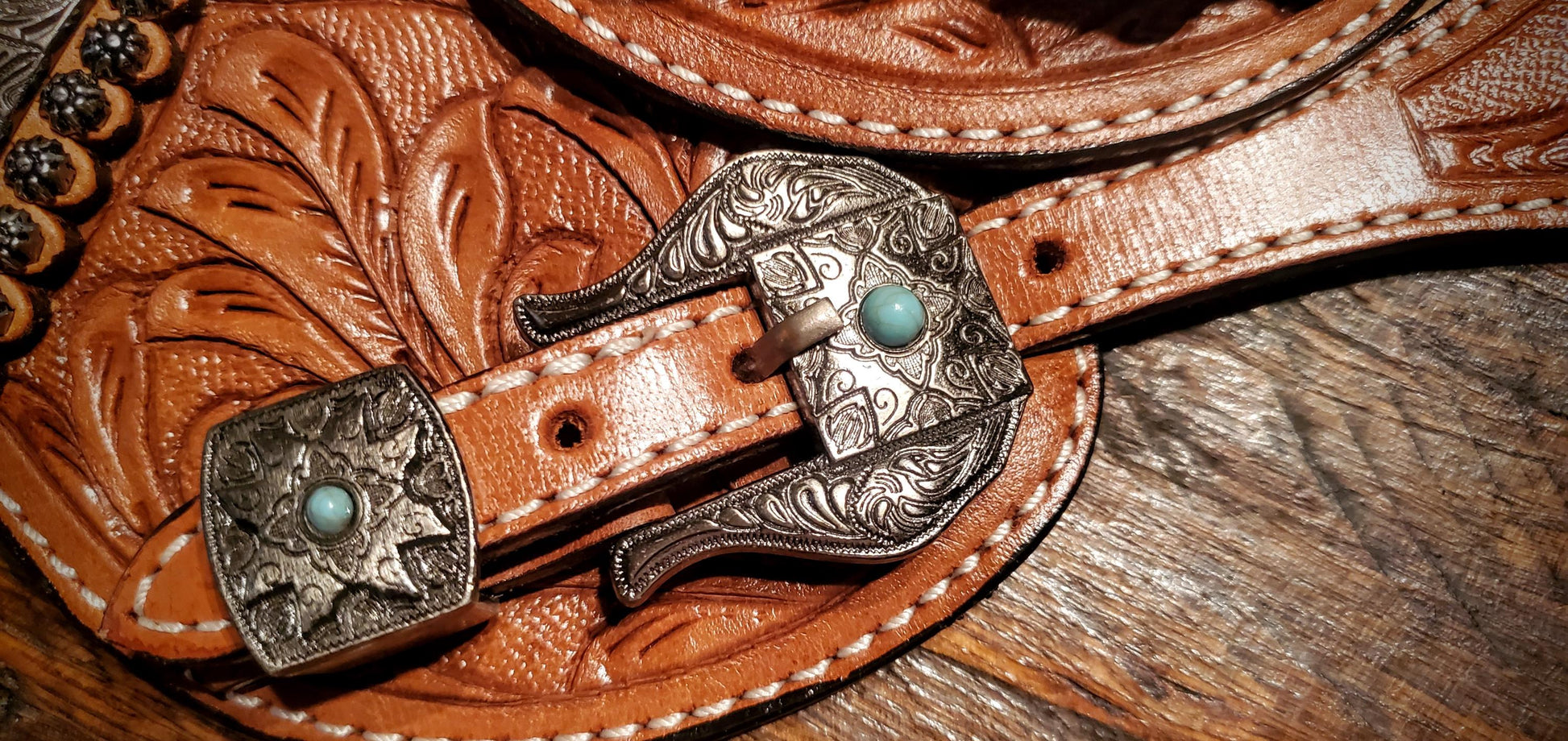 Vintage Style Tooled Leather Spur Straps with Turquoise Engraved Buckles & Conchos