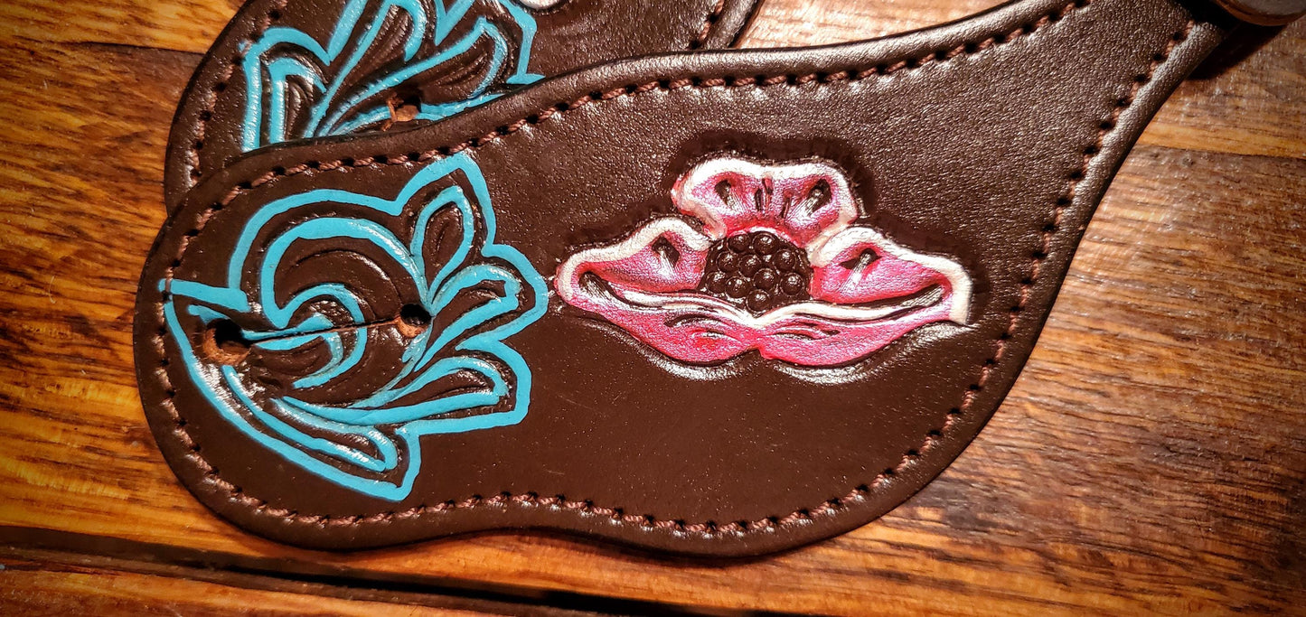 Vintage Flower Hand Tooled & Painted Leather Spur Straps