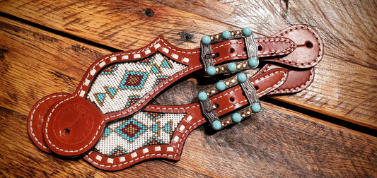 Vintage Style Aztec Beaded & Buckstitch Leather Spur Straps with Turquoise Engraved Buckles