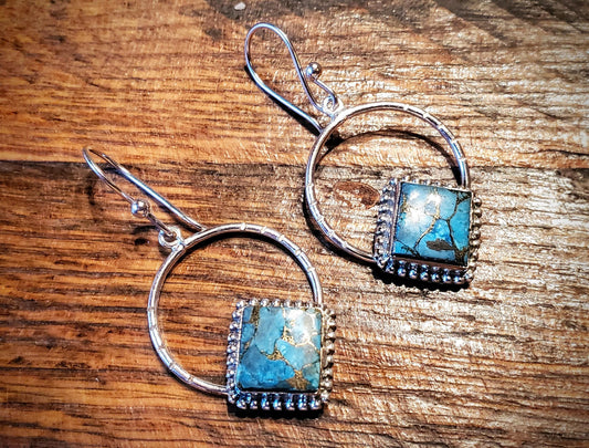 Sterling Silver & Turquoise Dangle Hoop Earrings