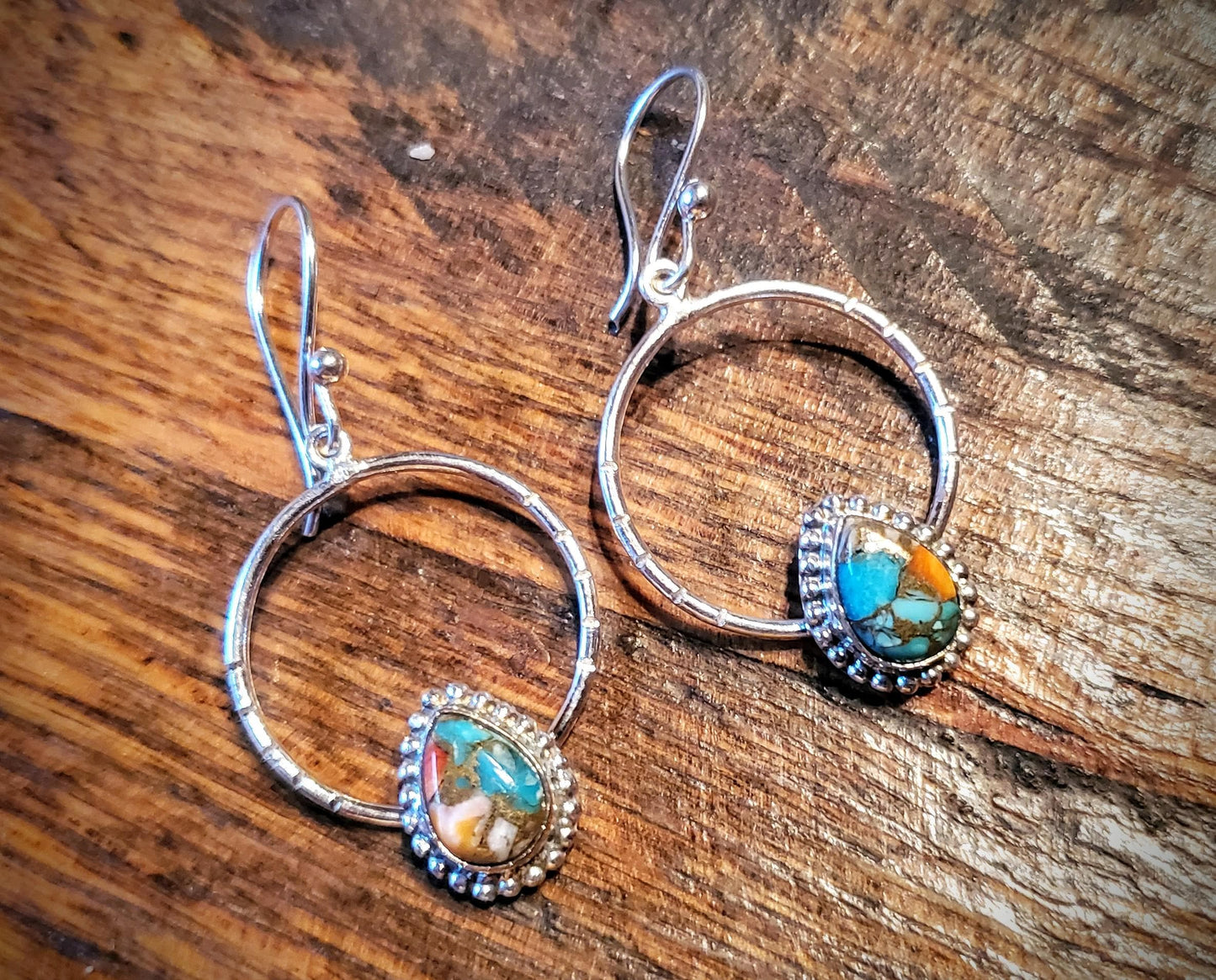 Sterling Silver & Spiny Oyster Dangle Hoop Earrings