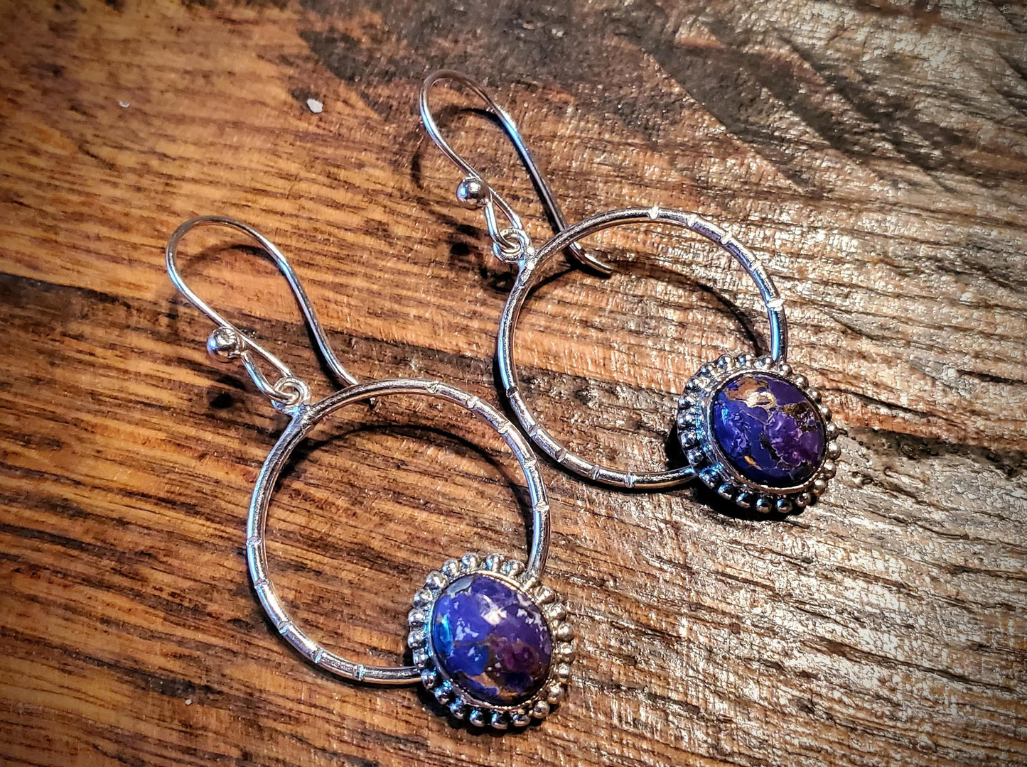 Sterling Silver & Purple Turquoise Dangle Hoop Earrings