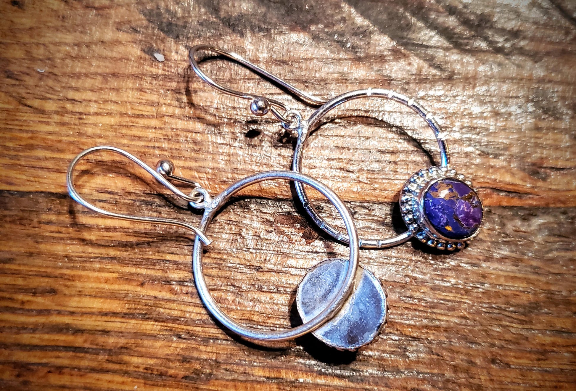 Sterling Silver & Purple Turquoise Dangle Hoop Earrings