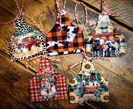 Set Of 5 Wooden Country Christmas Farm Animal Ornaments - Handmade Holiday Printed Wood Ornaments