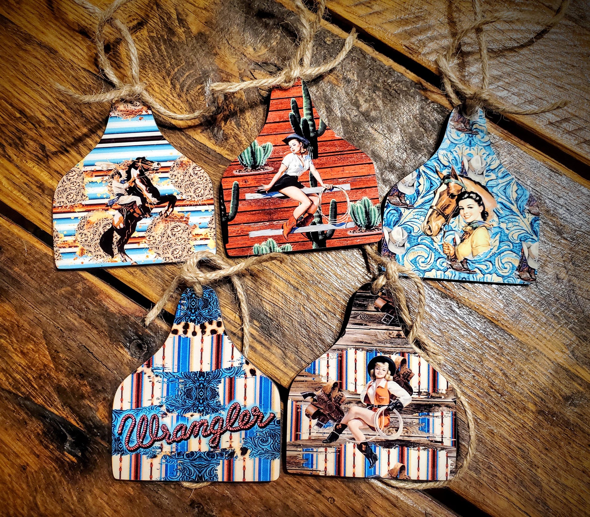 Set Of 5 Wooden Vintage Cowgirl Ornaments - Handmade Holiday Printed Wood Ornaments