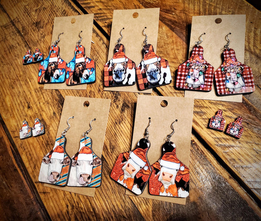 Country Christmas Farm Animal Earrings - Handmade Holiday Printed Wood Earrings - Hypoallergenic, Pick Your Style