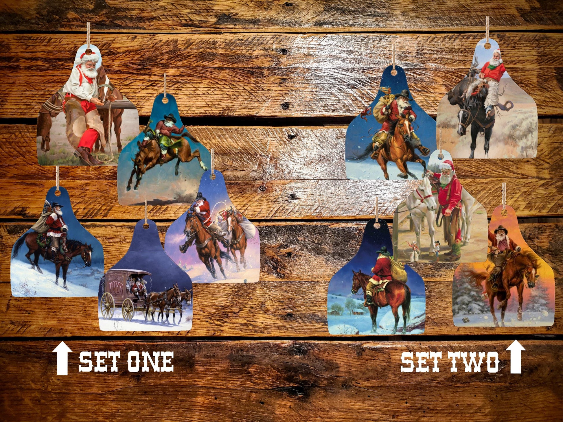 Set of Wooden Vintage Cowboy Santa Ornaments - Handmade Holiday Printed Wood Ornaments