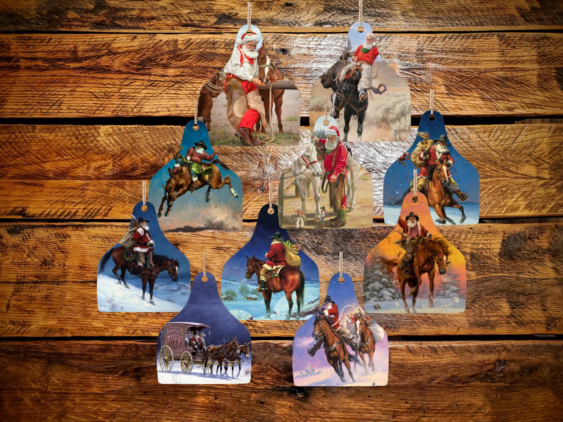 Set of Wooden Vintage Cowboy Santa Ornaments - Handmade Holiday Printed Wood Ornaments