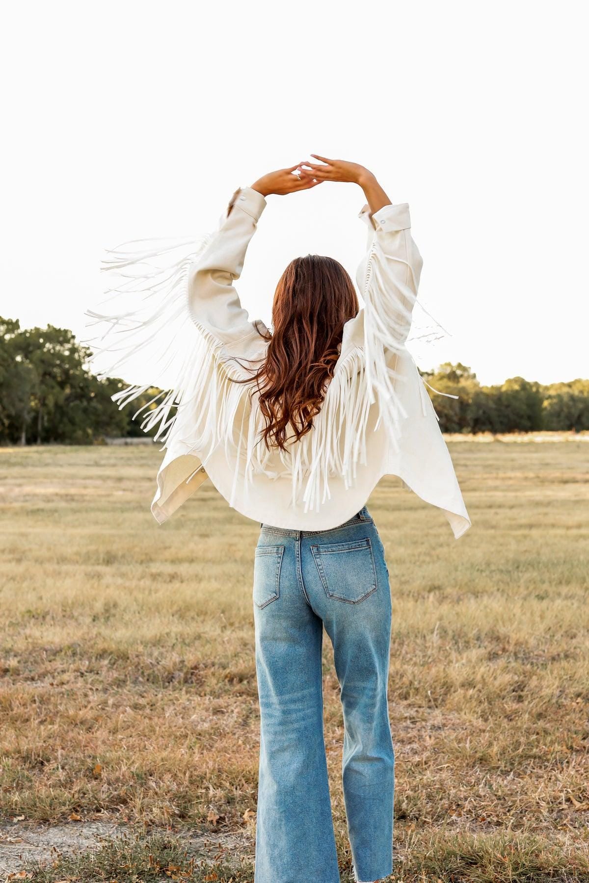 Full Fringe Denim Pearl Snap Jacket in Ivory or Ebony!