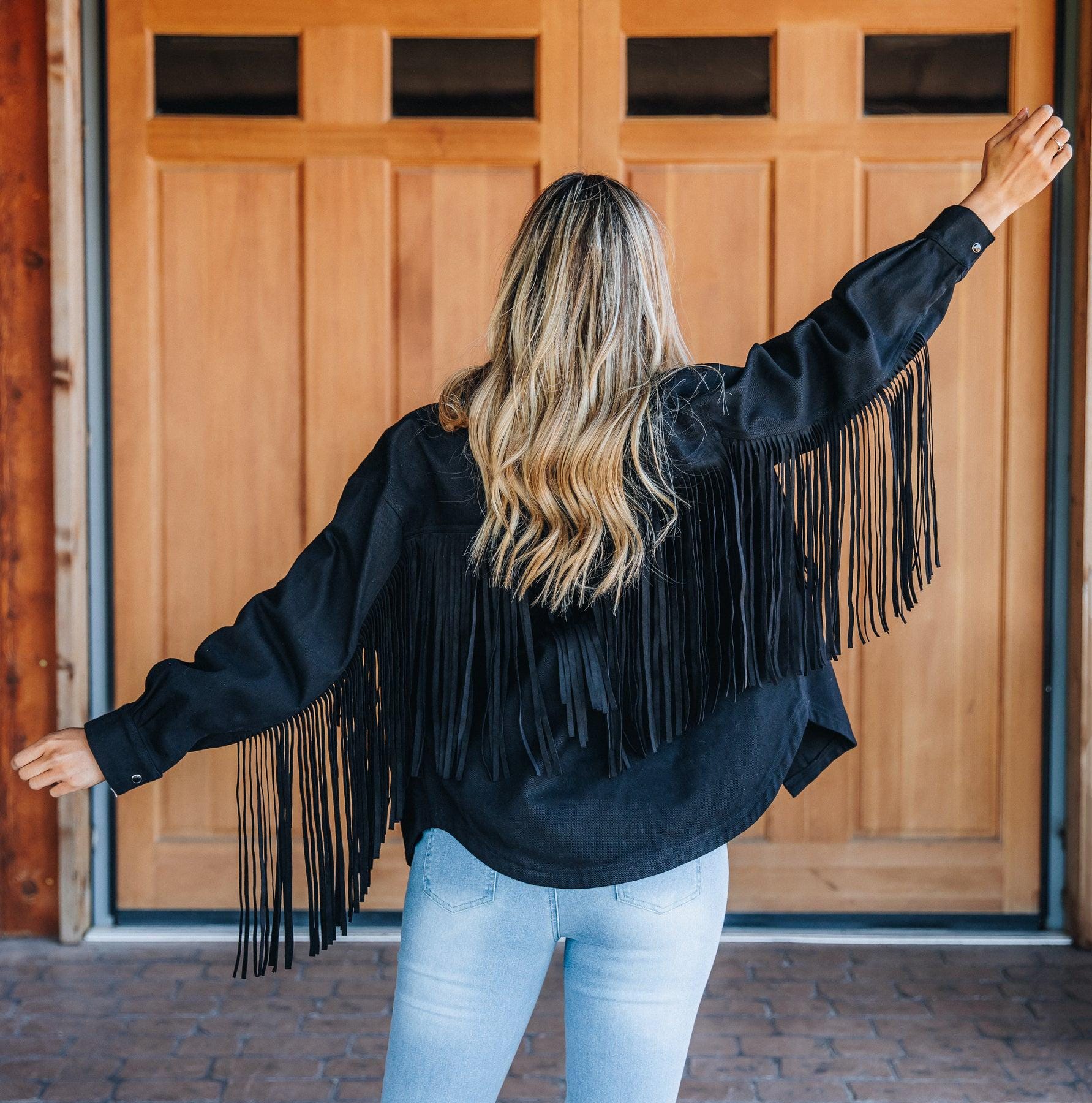 Full Fringe Denim Pearl Snap Jacket in Ivory or Ebony!