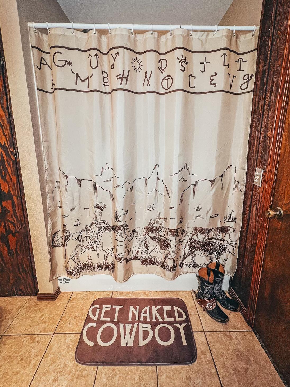 Punchy Cattle Drive & Ranch Brands Bathroom Set - Shower Curtain with Get Naked Cowboy Bath Mat