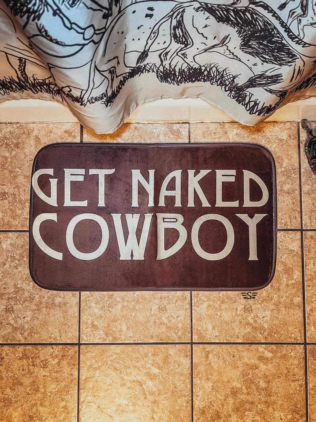 Punchy Cattle Drive & Ranch Brands Bathroom Set - Shower Curtain with Get Naked Cowboy Bath Mat