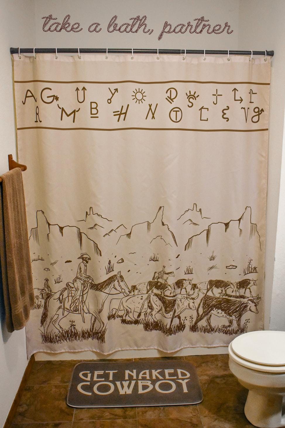 Punchy Cattle Drive & Ranch Brands Bathroom Set - Shower Curtain with Get Naked Cowboy Bath Mat