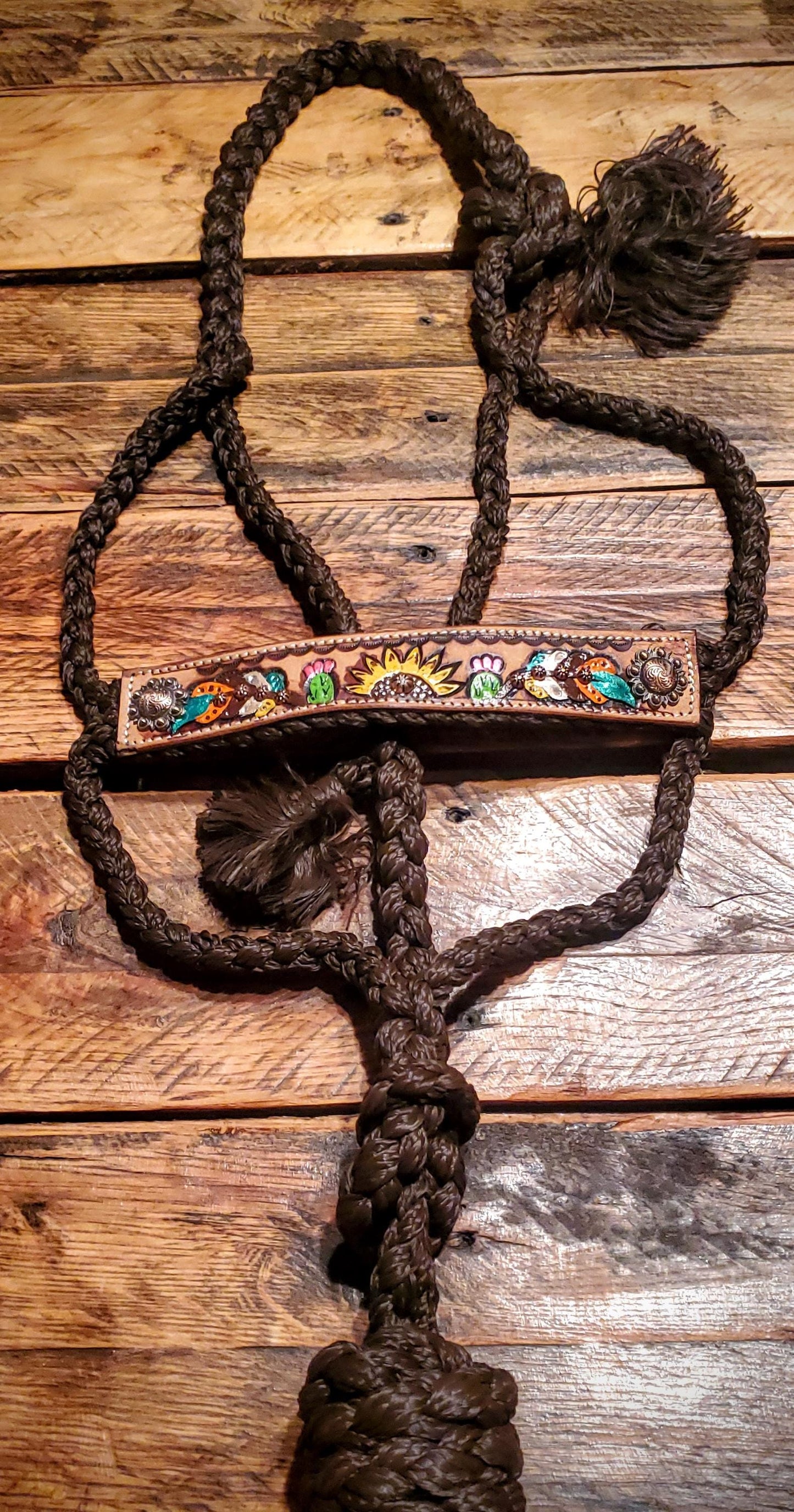 Hand Tooled Leather Horse Muletape Halters - Includes matching braided mule tape lead rope!