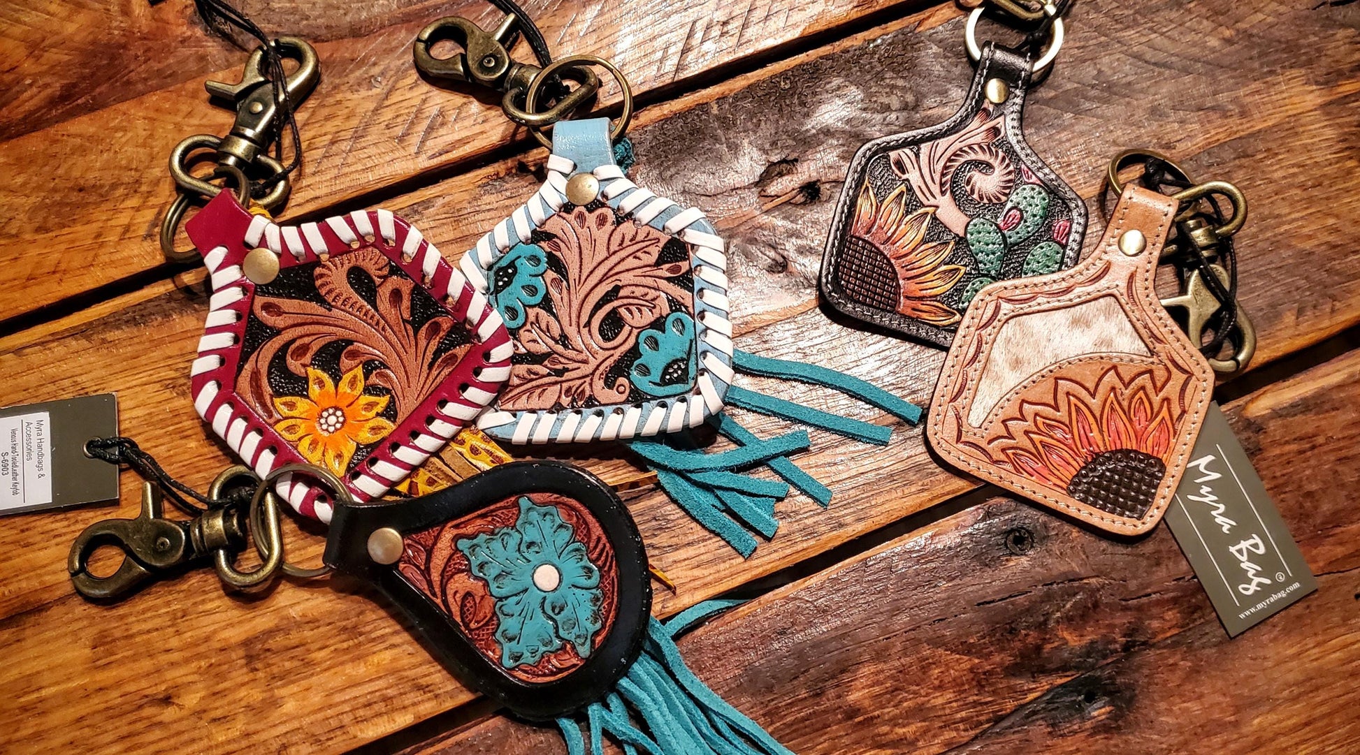 Tooled Leather Cowhide Tag Key Chains / Bag Charms - Great Cheap Gifts & Stocking Stuffers!