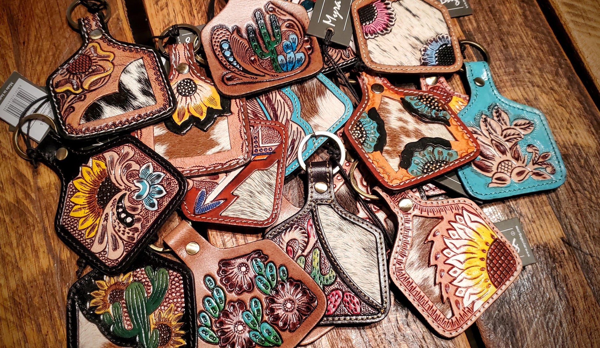 Tooled Leather Cow Tag Key Chains / Bag Charms - Great Cheap Gifts & Stocking Stuffers!