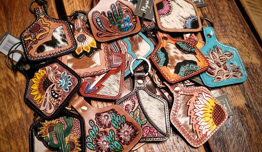 Tooled Leather Cow Tag Key Chains / Bag Charms - Great Cheap Gifts & Stocking Stuffers!