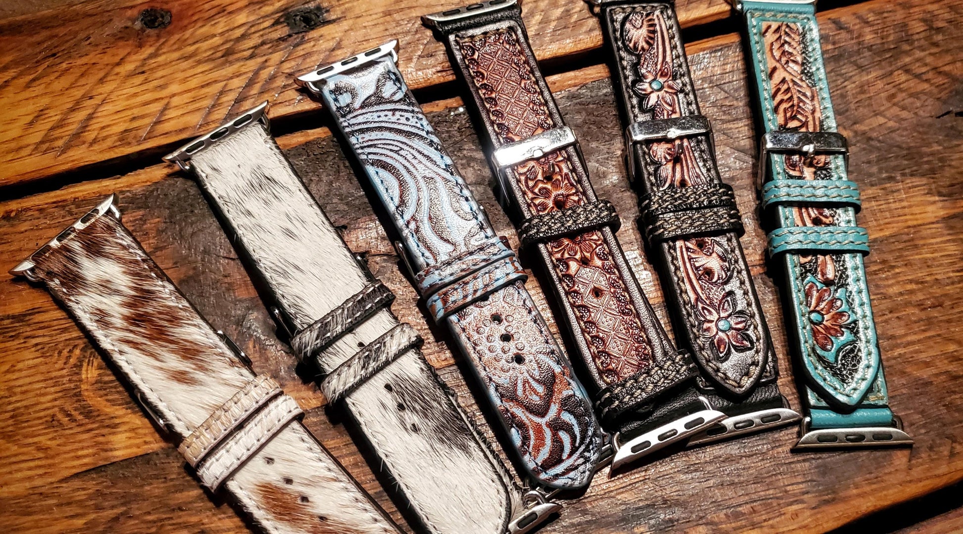 Cowhide & Tooled Leather Western Watch Bands - Great Gifts and Stocking Stuffers!