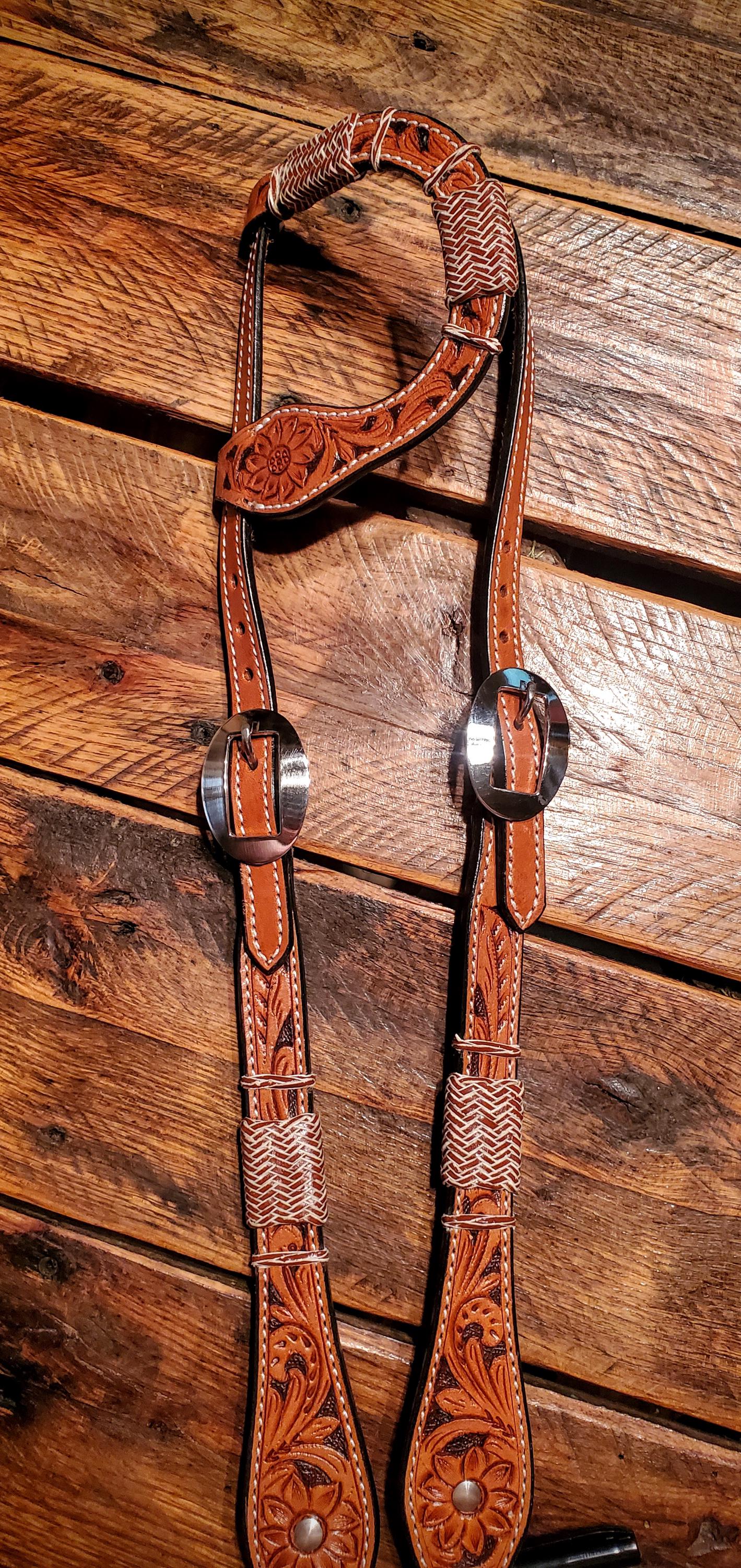 Gorgeous Hand Tooled Leather & Rawhide One Ear Headstall