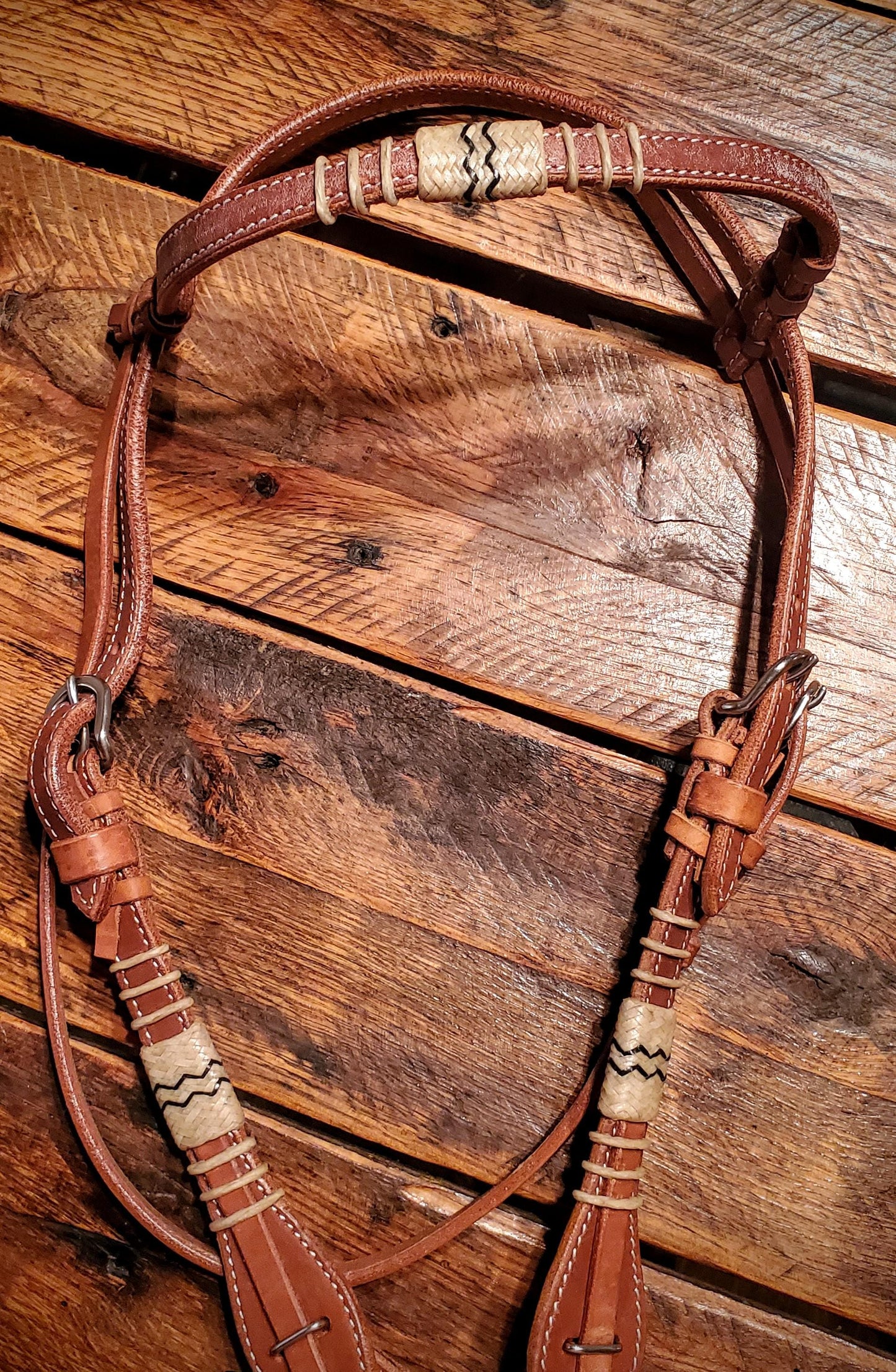 Genuine Harness Leather & Rawhide Browband Headstall with Quick Change Bit Ends