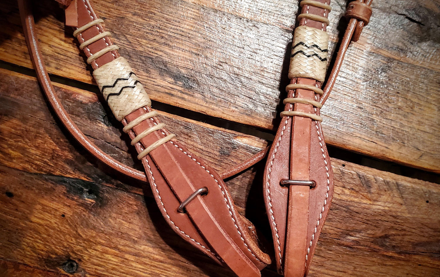 Genuine Harness Leather & Rawhide Browband Headstall with Quick Change Bit Ends