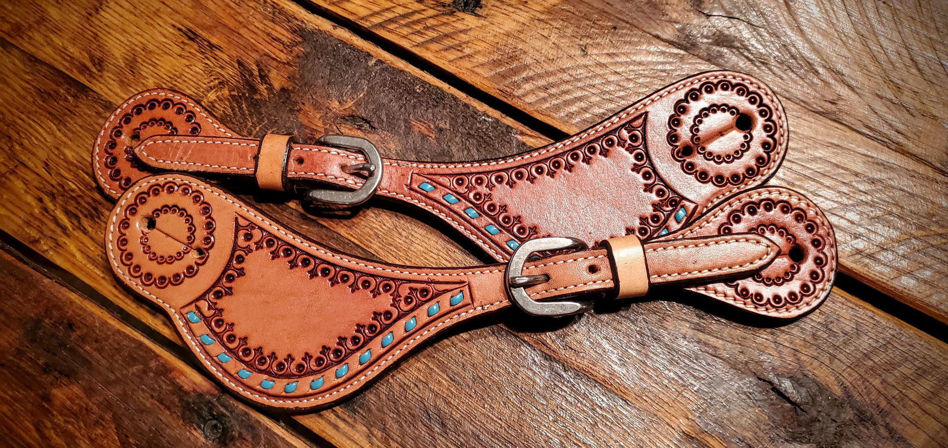 Vintage Style Tooled Leather Spur Straps with Turquoise Buckstitch