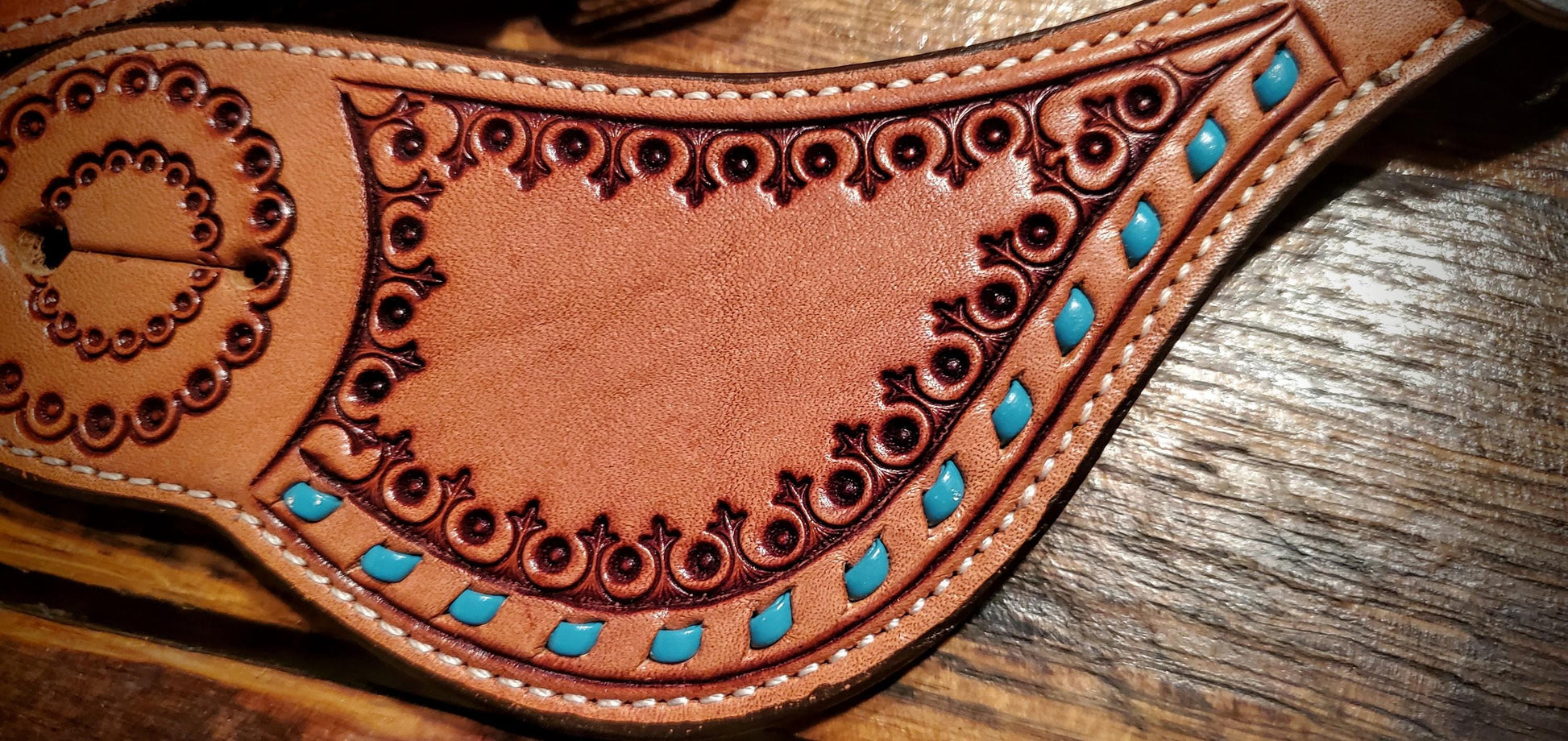 Vintage Style Tooled Leather Spur Straps with Turquoise Buckstitch