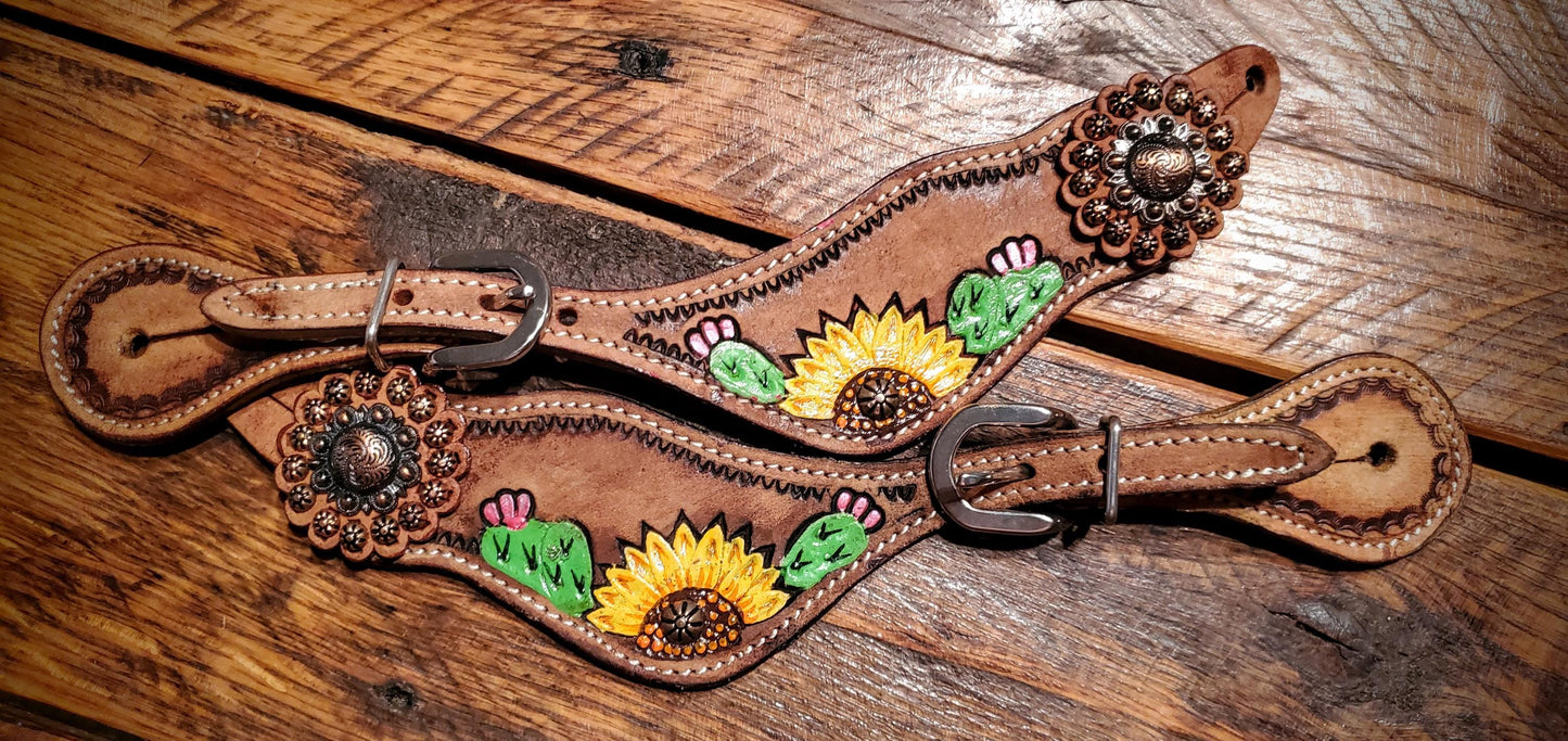 Hand Tooled & Painted Sunflower Cactus Spur Straps with Conchos and Studs