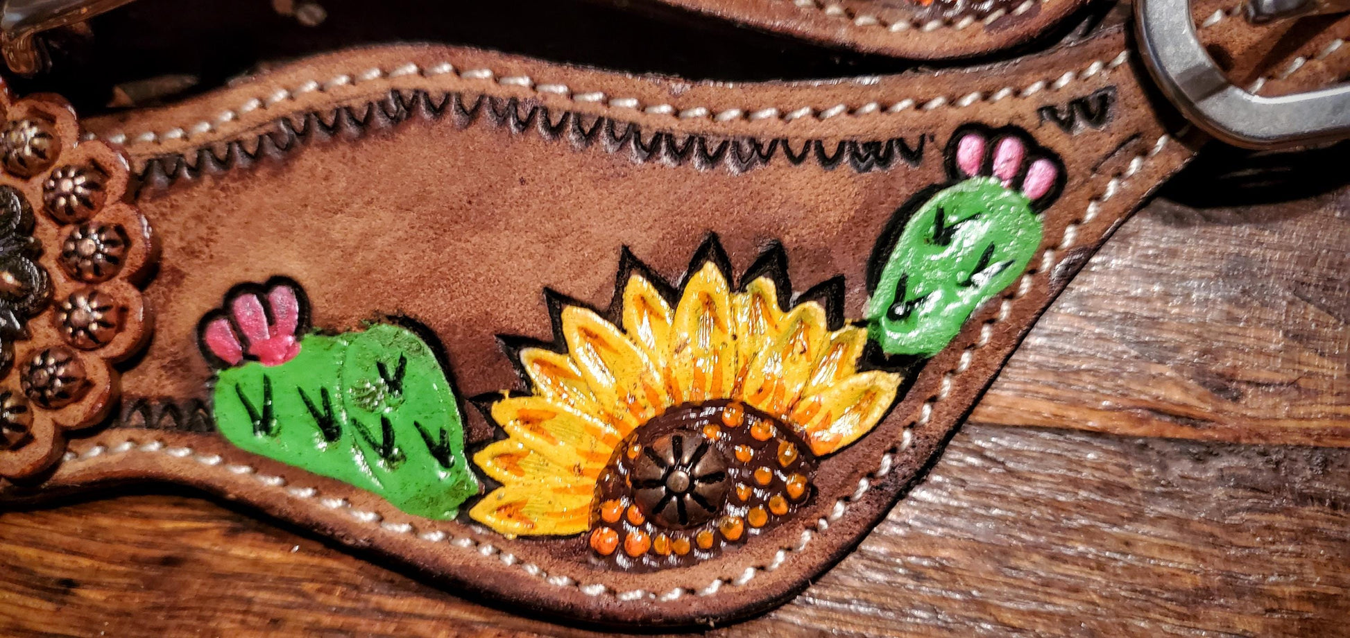 Hand Tooled & Painted Sunflower Cactus Spur Straps with Conchos and Studs