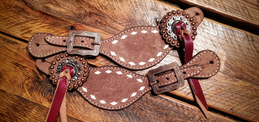 Vintage Style Roughout Leather & Buckstitch Spur Straps with Engraved Buckles and Slotted Conchos with Laces