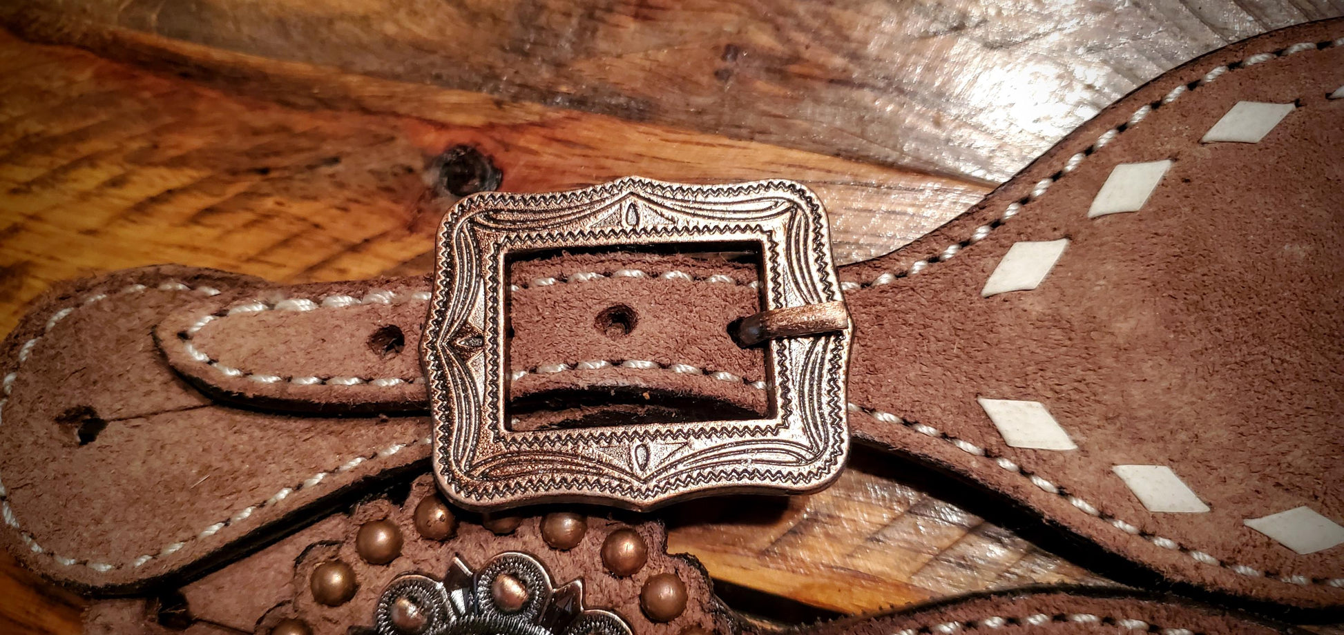 Vintage Style Roughout Leather & Buckstitch Spur Straps with Engraved Buckles and Slotted Conchos with Laces