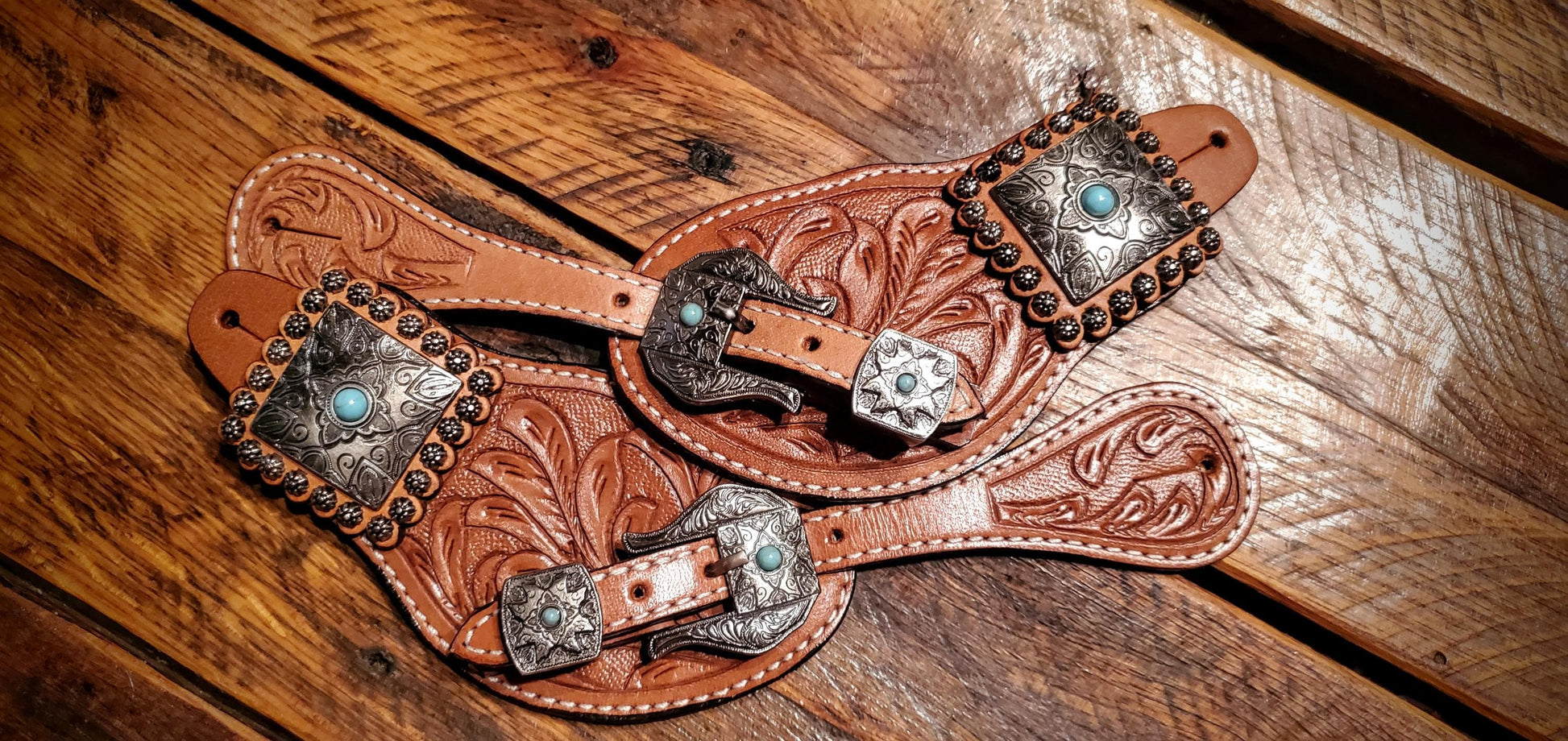 Vintage Style Tooled Leather Spur Straps with Turquoise Engraved Buckles & Conchos