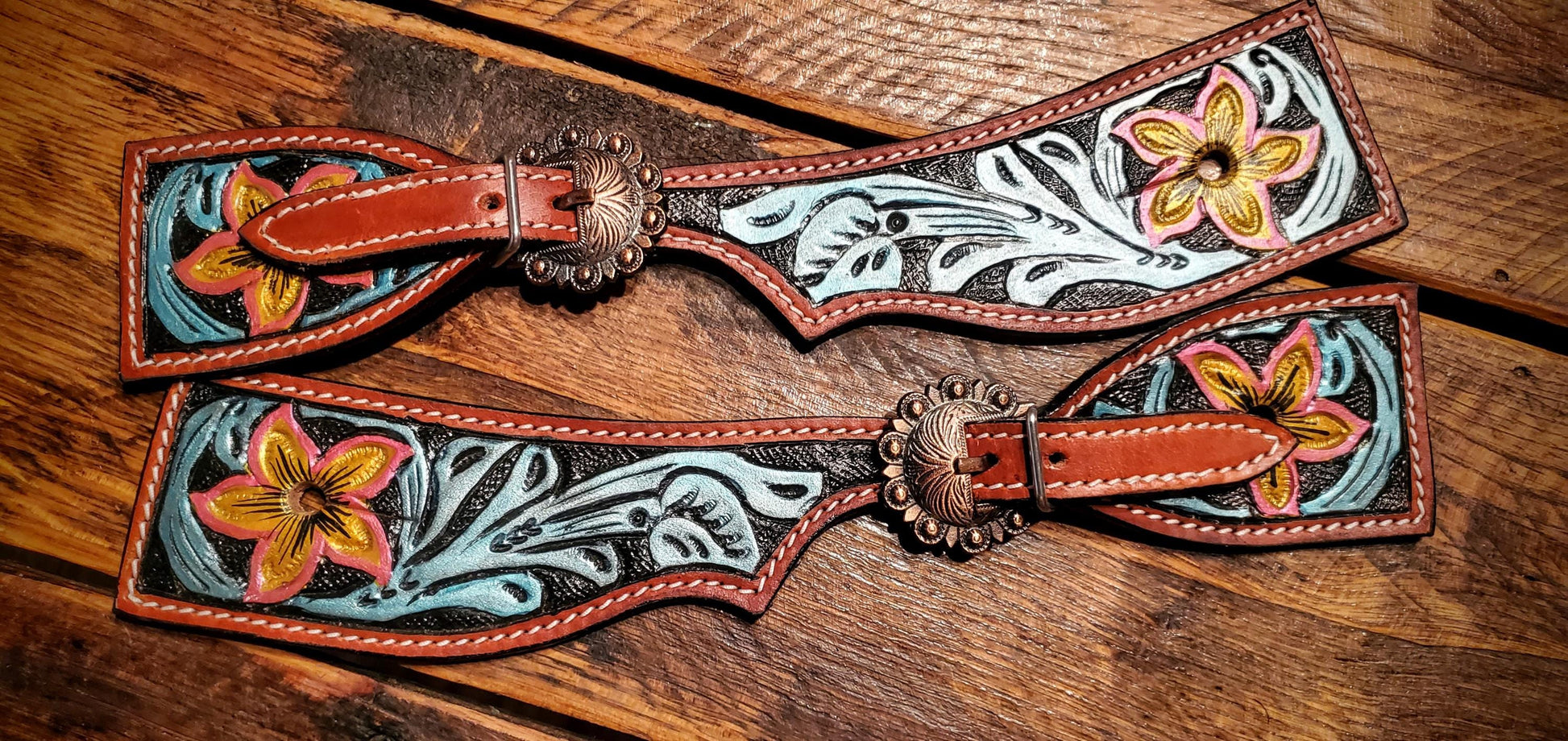 Vintage Flower Hand Tooled & Painted Leather Spur Straps with Engraved Copper Buckles