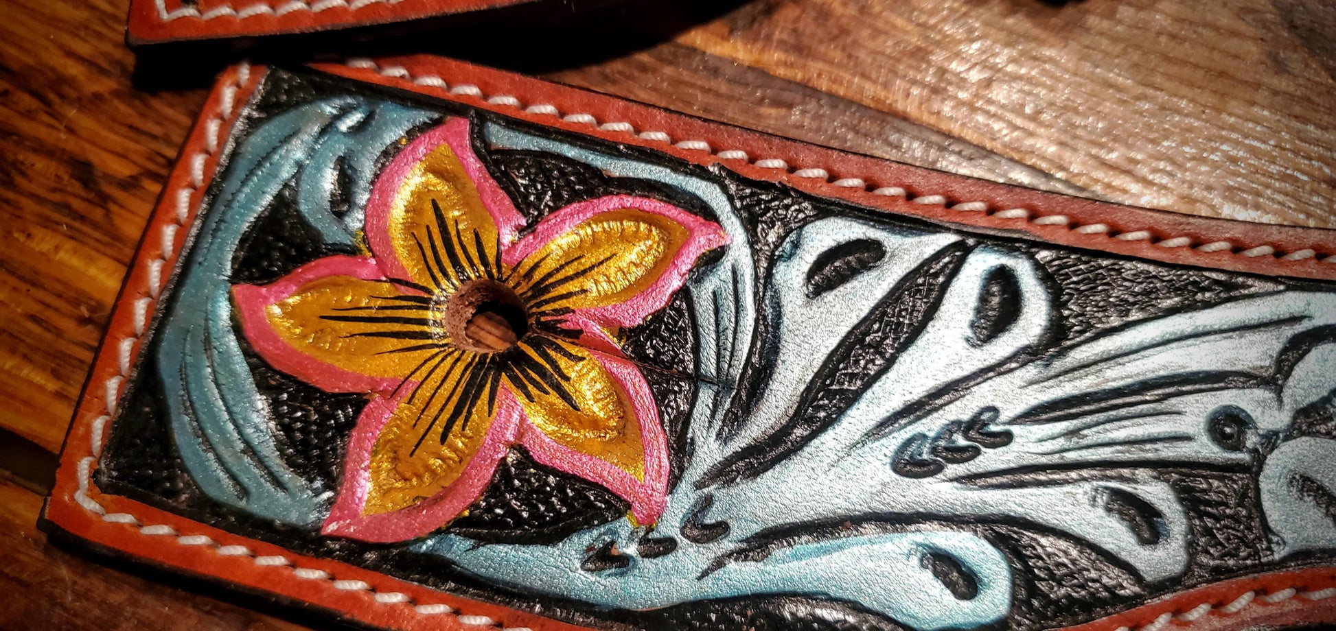 Vintage Flower Hand Tooled & Painted Leather Spur Straps with Engraved Copper Buckles