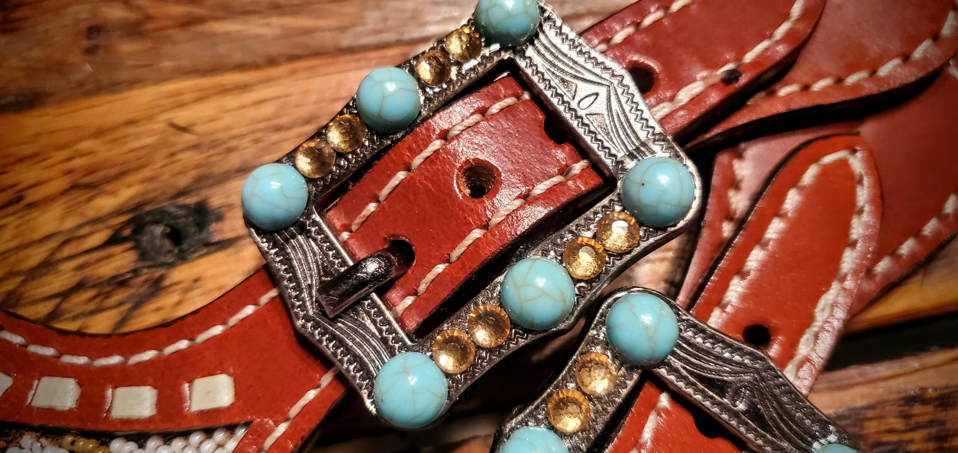 Vintage Style Aztec Beaded & Buckstitch Leather Spur Straps with Turquoise Engraved Buckles