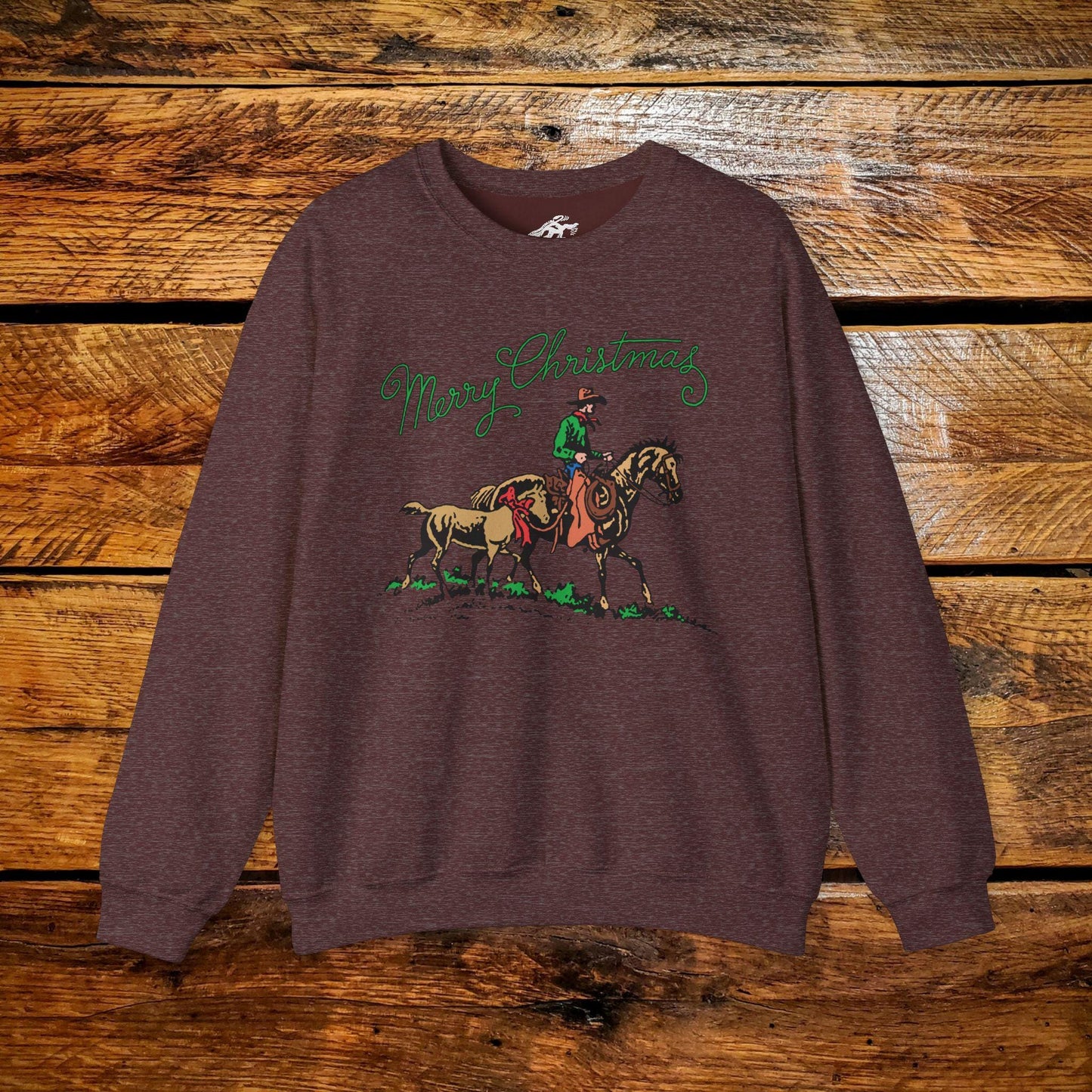 Merry Christmas Cowboy Pony with Bow - Premium Vintage Western Sweatshirt - Pick Your Color - Youth & Adult Sizes