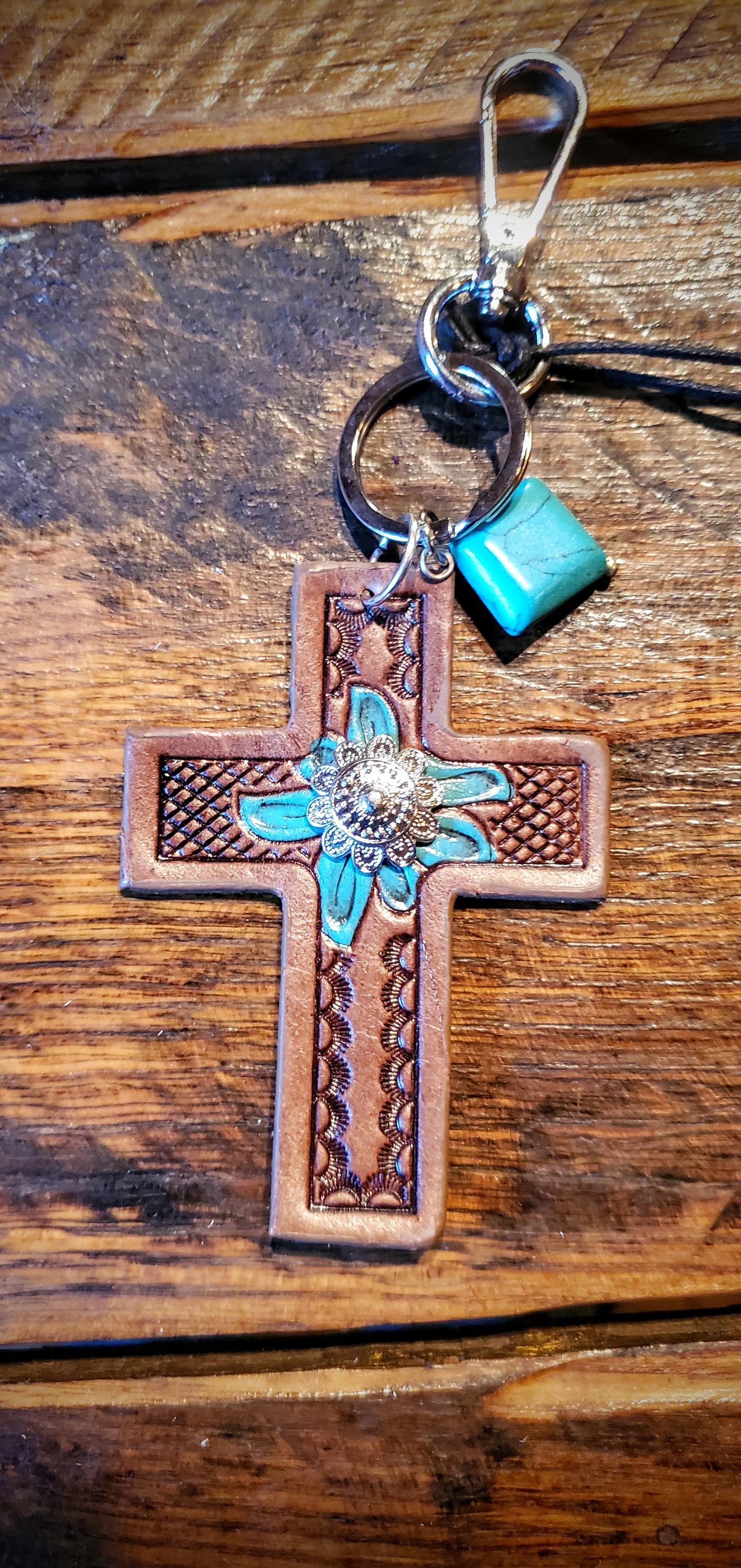 Tooled Leather Cross Key Chains / Bag Charms - Great Cheap Gifts & Stocking Stuffers!