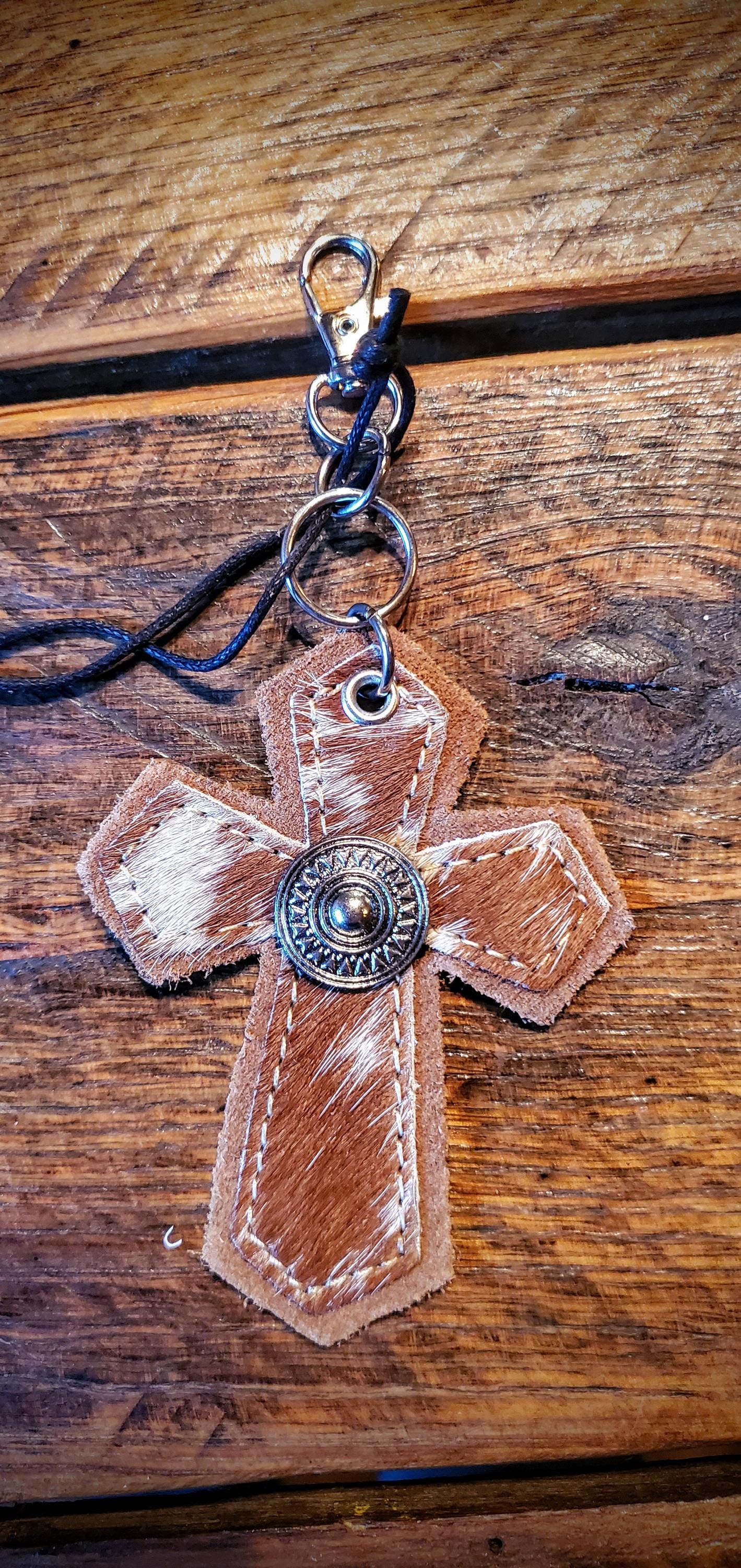 Tooled Leather Cross Key Chains / Bag Charms - Great Cheap Gifts & Stocking Stuffers!