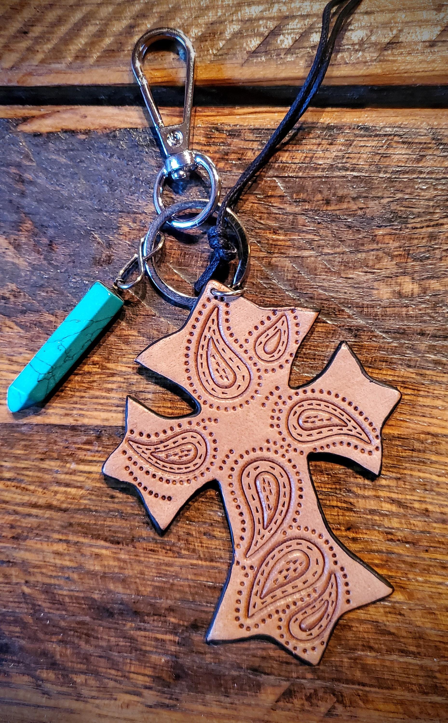 Tooled Leather Cross Key Chains / Bag Charms - Great Cheap Gifts & Stocking Stuffers!